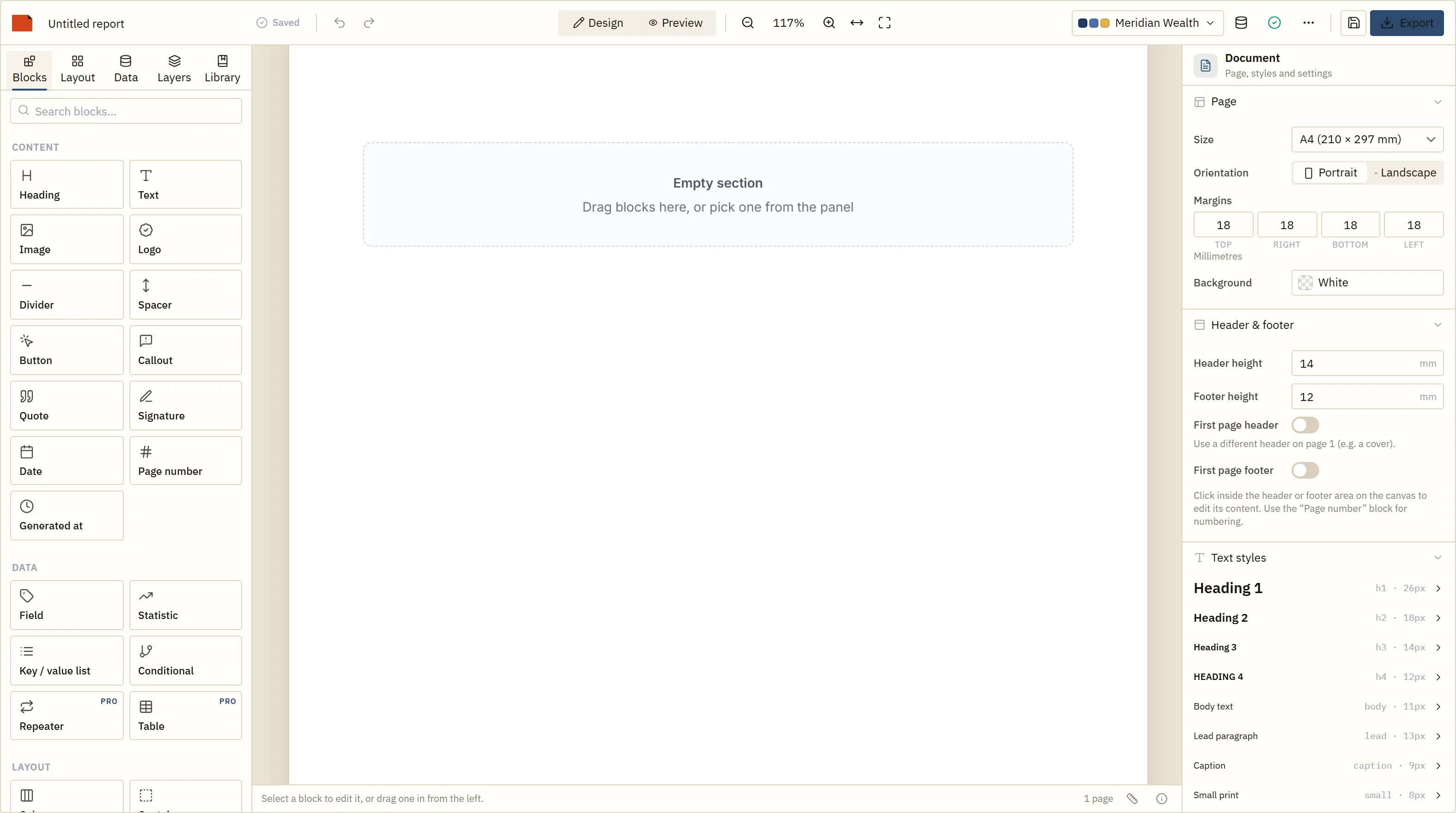 The designer opened on a blank page, with the same schemas ready to bind