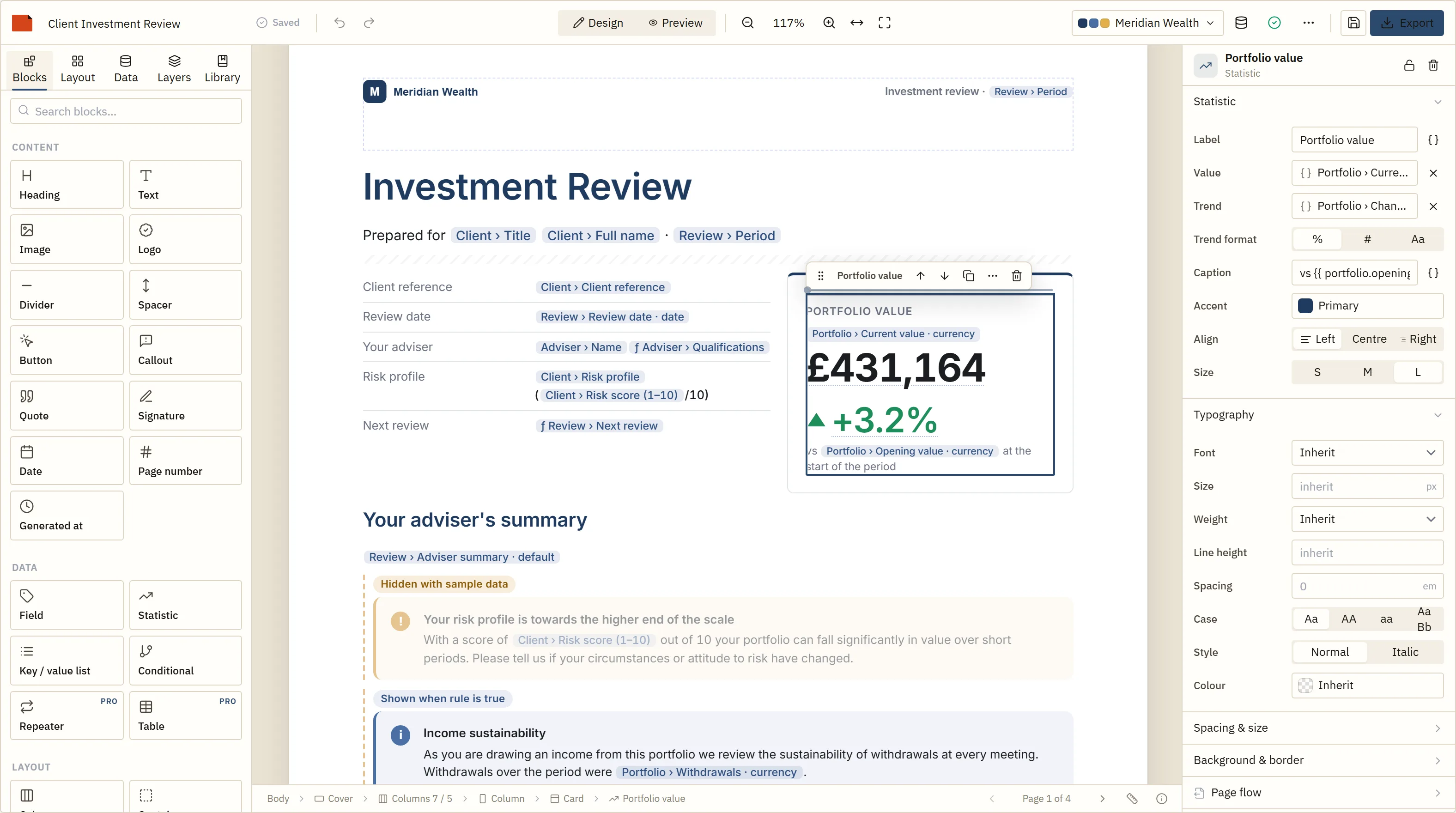 The BroadPaper designer: a block palette on the left, an investment review on the canvas with bound fields shown as chips, and the selected statistic's properties on the right