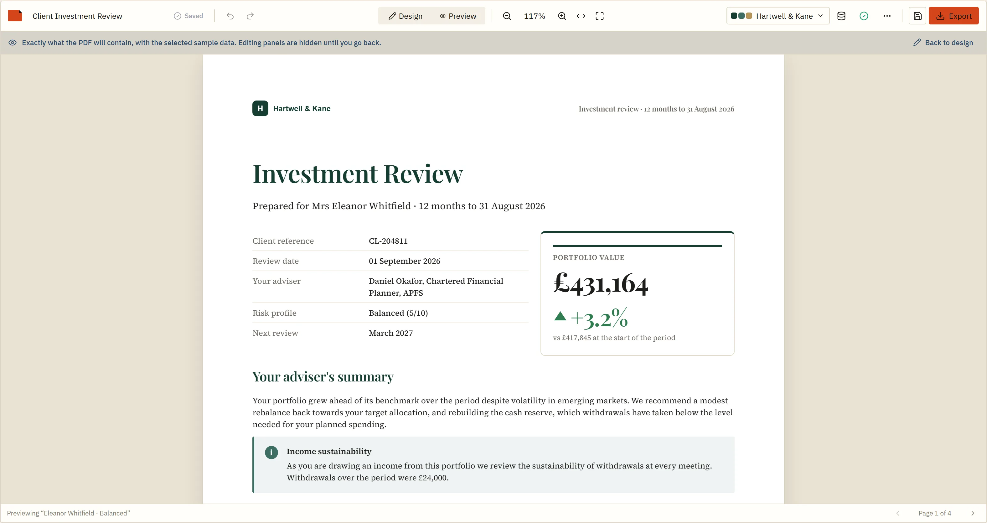 The same client report rendered in the Hartwell and Kane brand: brown headings, different typeface and a different logo, identical structure