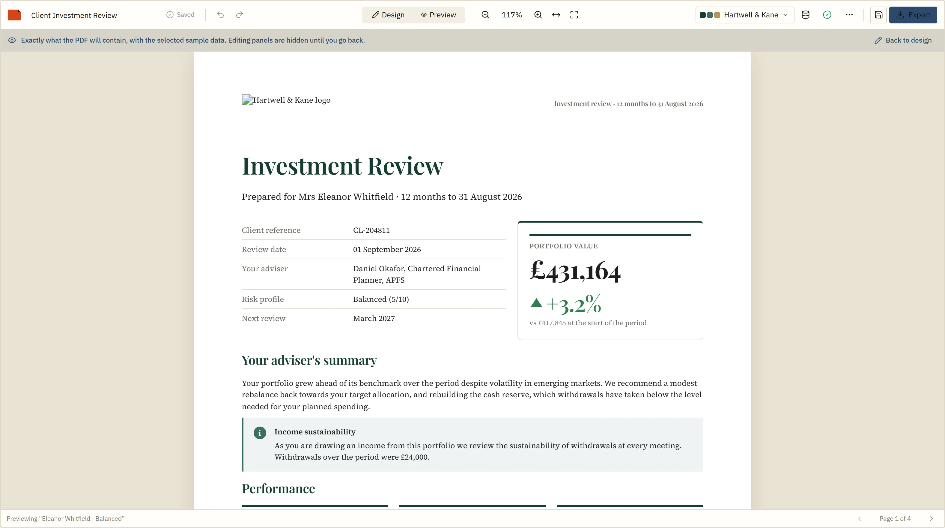Preview of the same investment review in the Hartwell & Kane brand: different typeface, colours and logo
