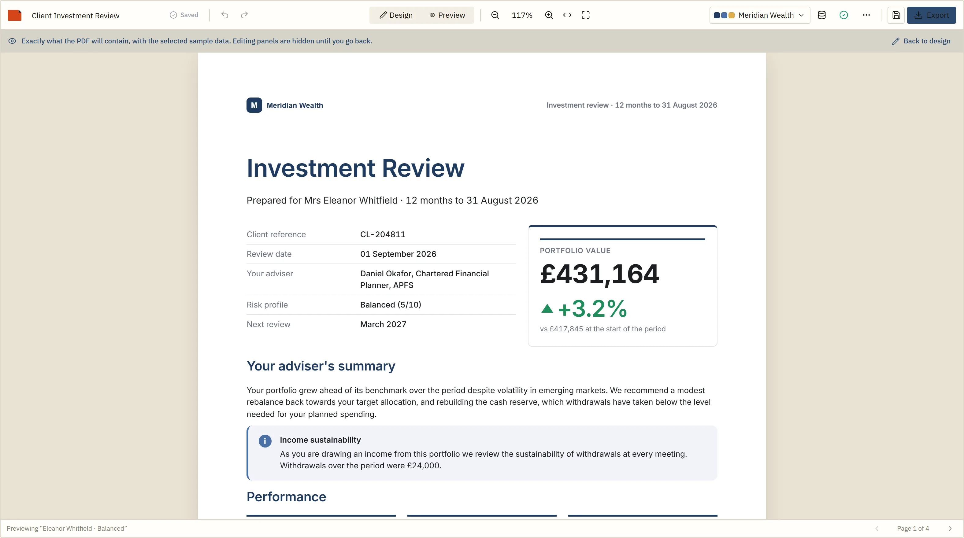 Preview of the investment review in the Meridian Wealth brand