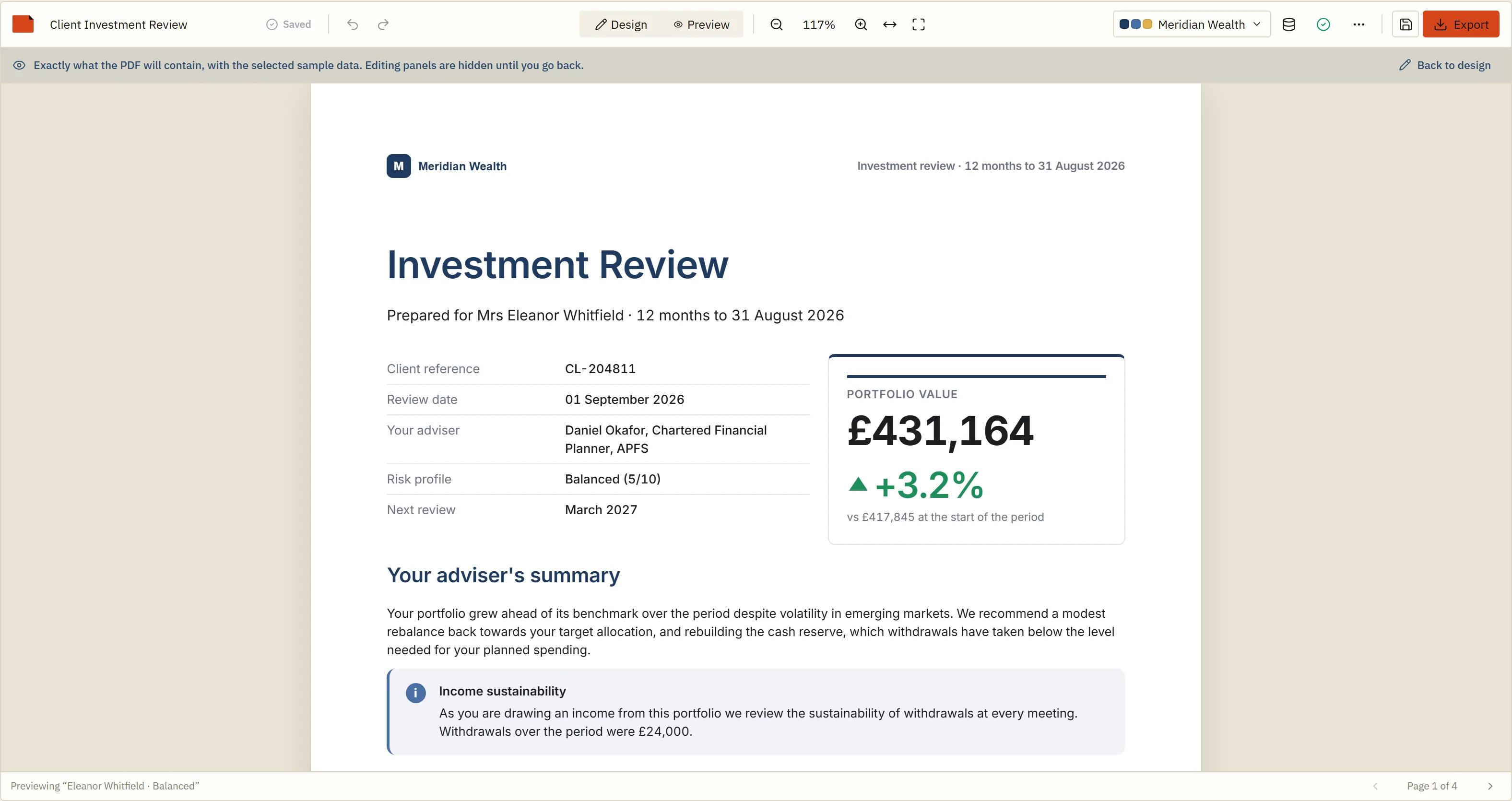 Preview of a client report rendered in the Meridian Wealth brand: navy headings, gold accents and that firm's logo