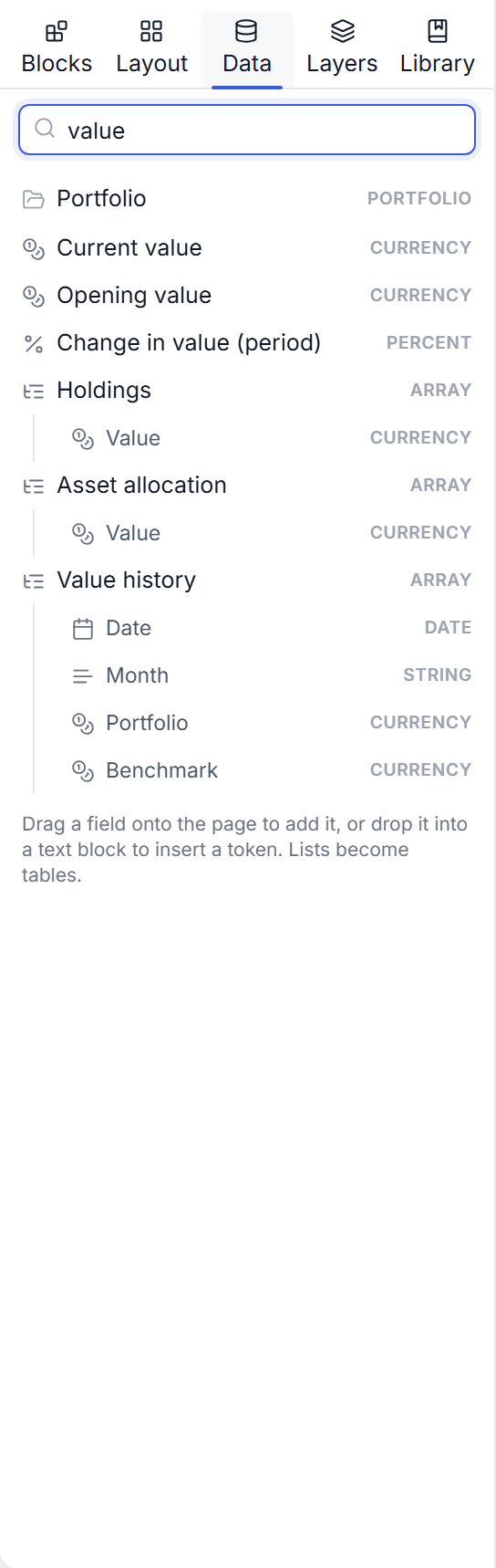 The Data panel searching for "value", showing Current value, Opening value, Change in value, and Value nested under Holdings, Asset allocation and Value history