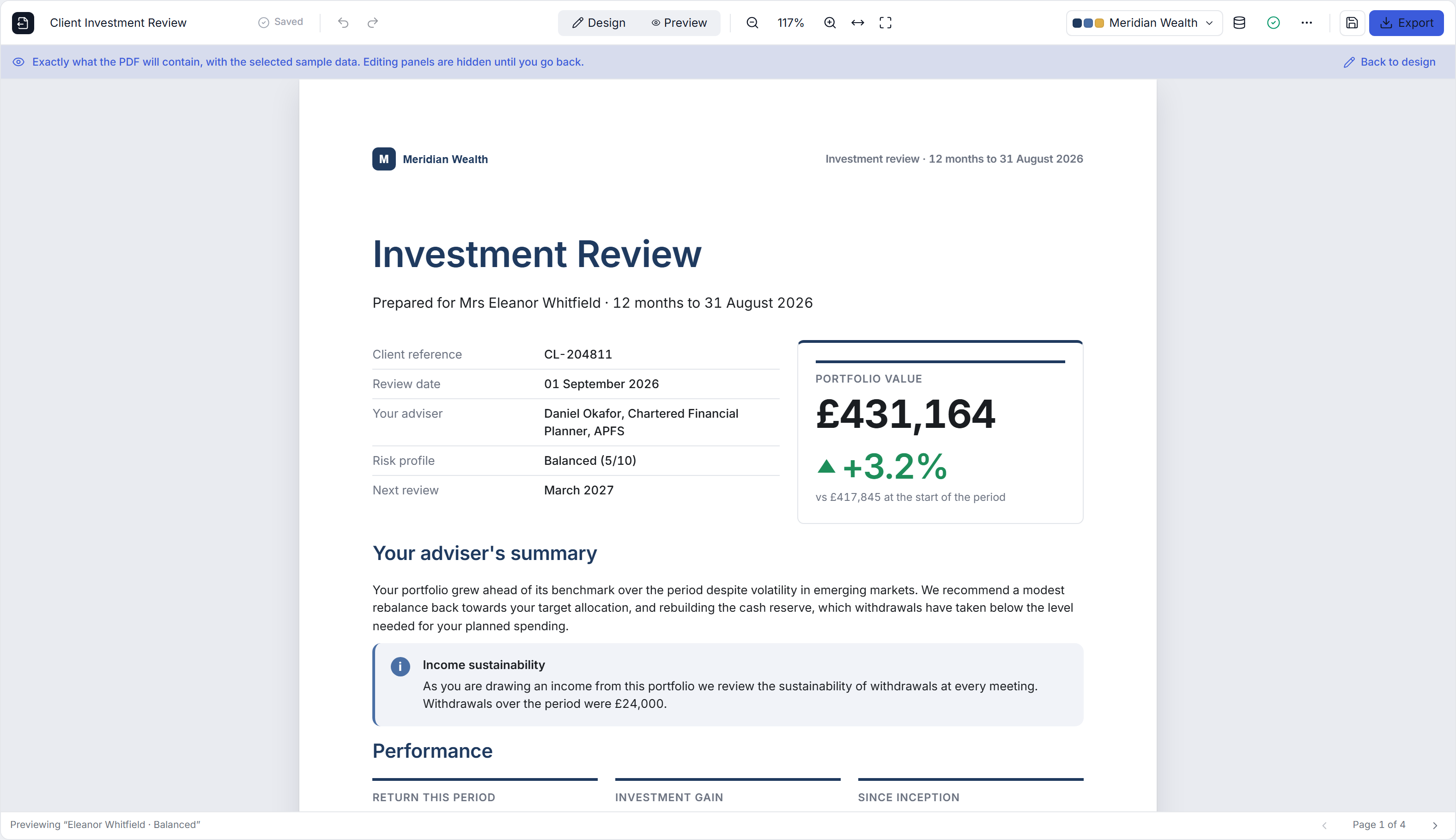 Preview mode showing the report exactly as the PDF will contain it